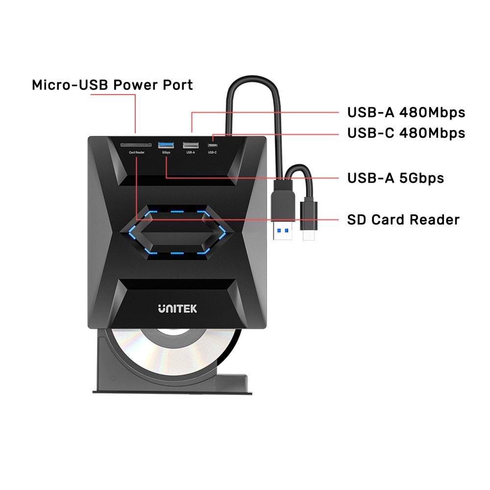 Unitek Harici DVD-RW TYPE-C/A+5in1 Donckin Station USB-A x2, USB-Cx1,
